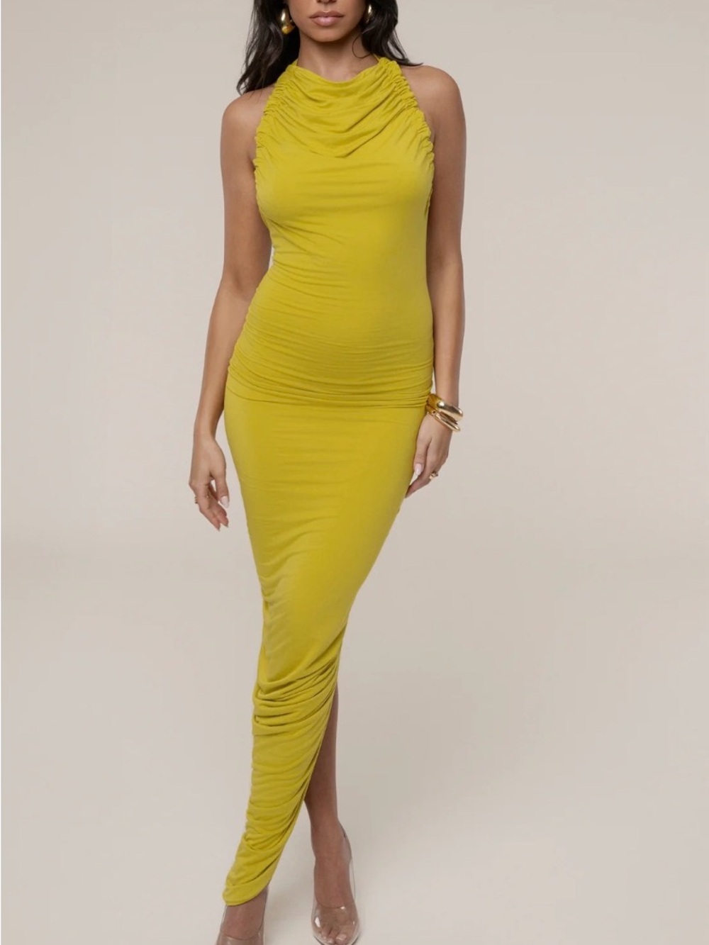 JLUXLABEL Ruched Halter Maxi Dress in Chartreuse Yellow